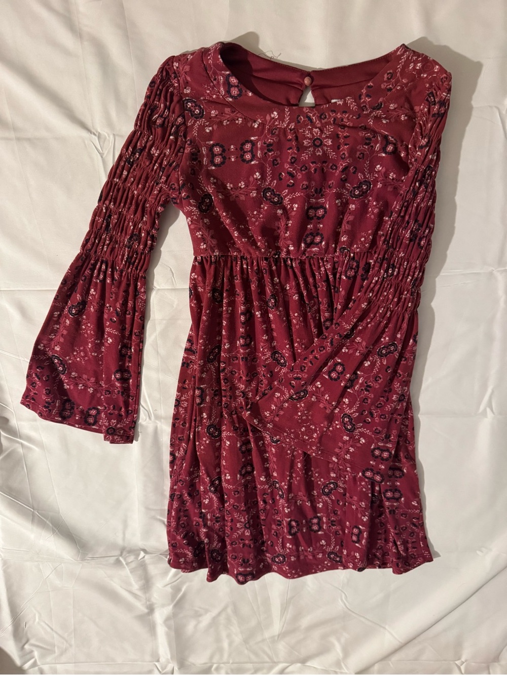 Burgundy Floral Long Sleeve Smocked Waist Dress